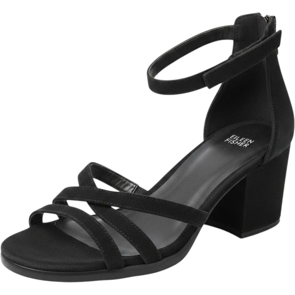 Eileen Fisher Womens Black Suede Block Heel Ankle Strap Sandals Size 11